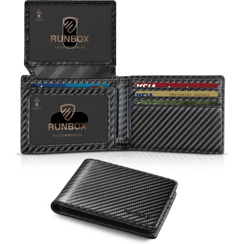 🆕Runbox Men Carbon Black Leather Slim Leather 2 ID Window Gift Box Wallet - Picture 4 of 9